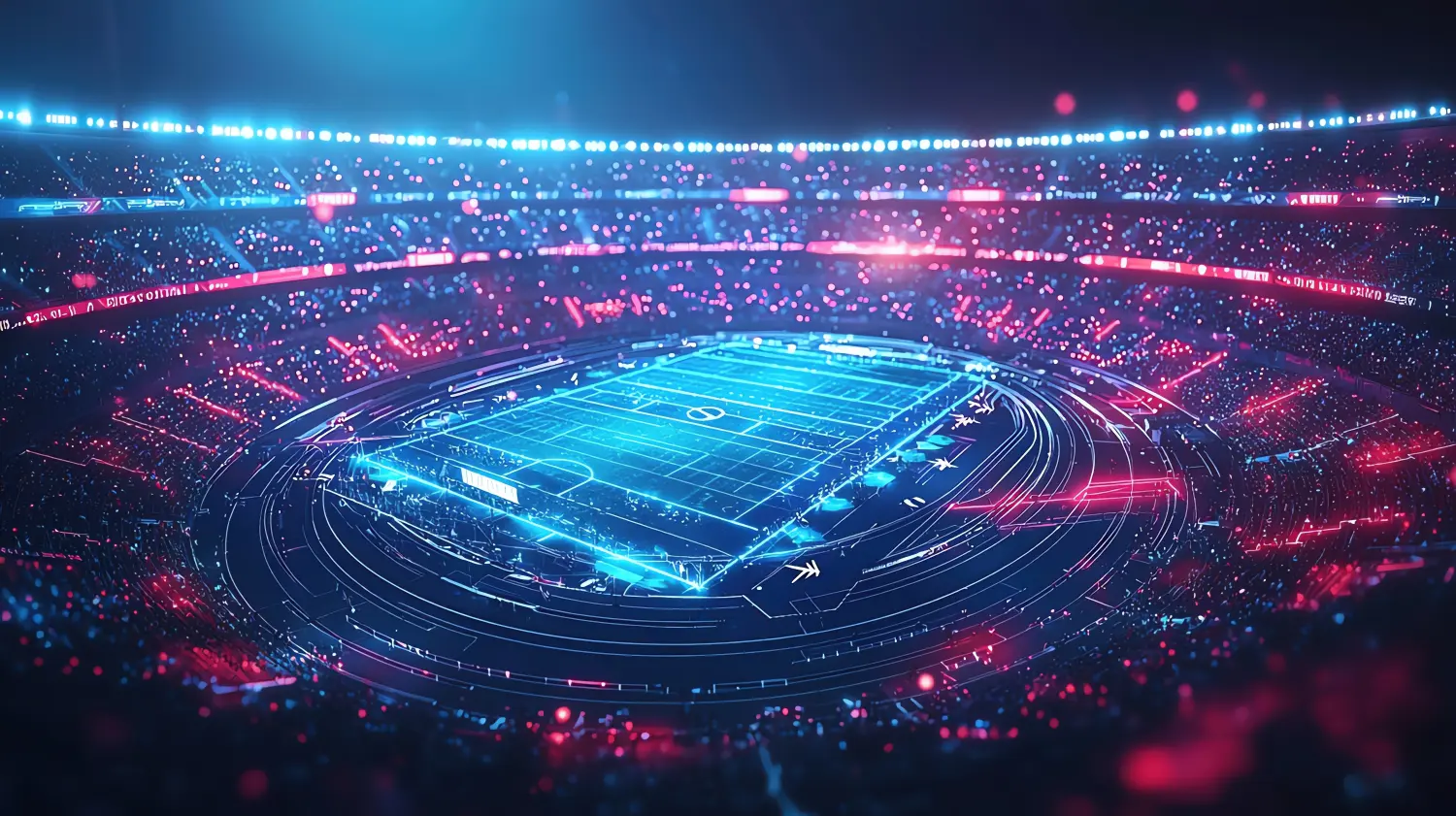 Vorderansicht eines Leichtathletikstadions mit Rennstrecke und Startblöcken.