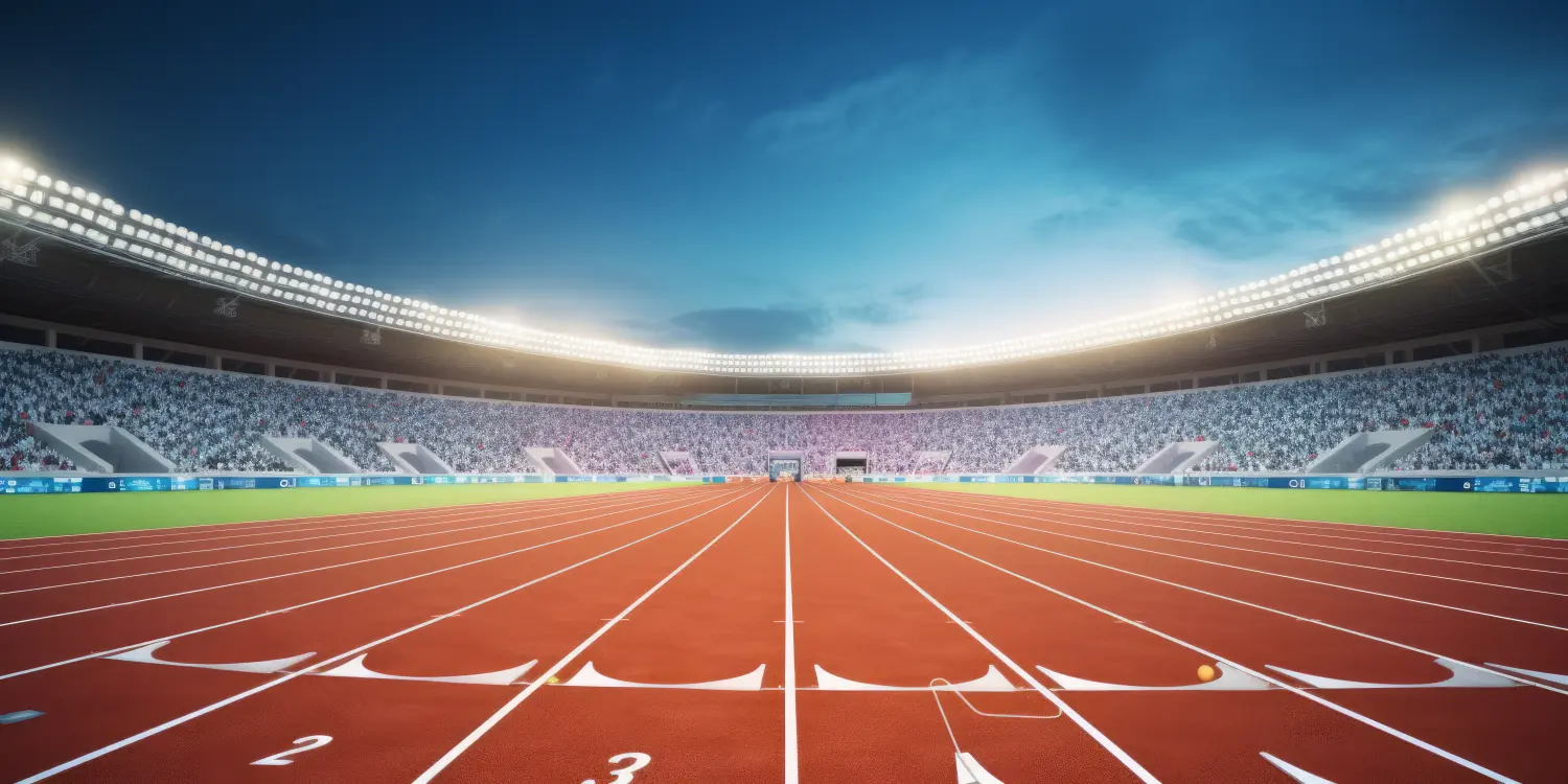 Vorderansicht eines Leichtathletikstadions mit Rennstrecke und Startblöcken.